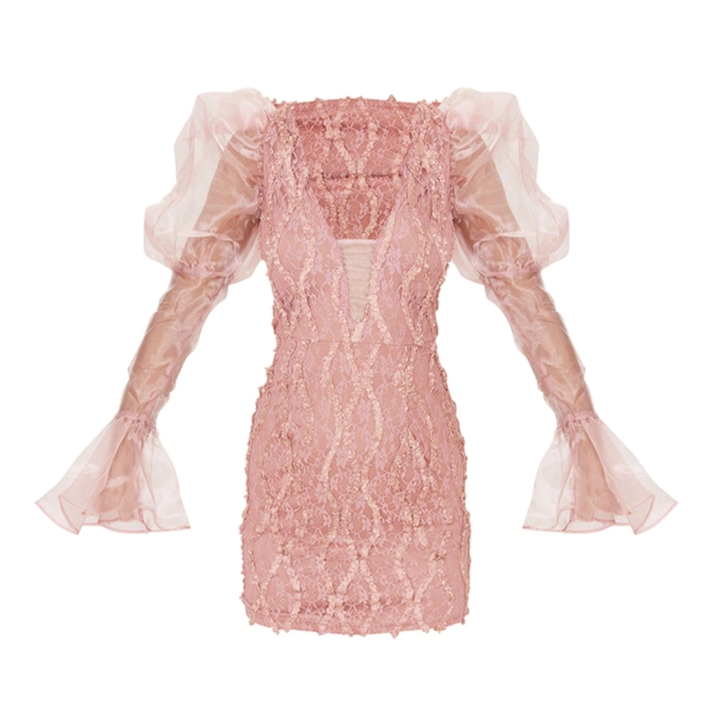 PLT Lovely Fancy Bubble Pink Organza Sleeve Lace Bodycon Dress Ballerina 🩷🩷🩷 - Picture 4 of 5